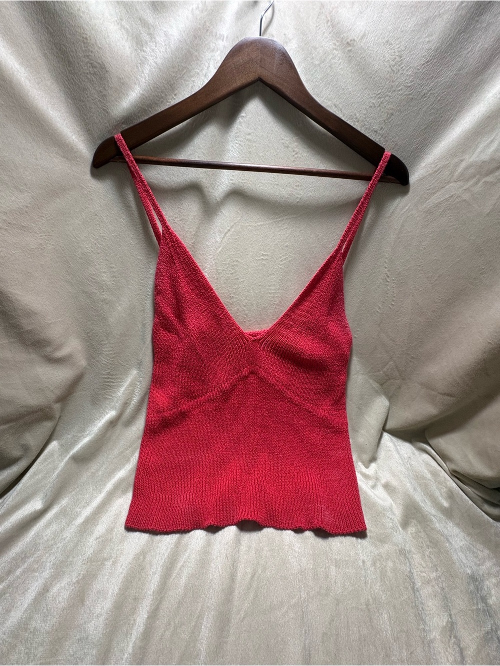 Zara Coral Pink Knit Cami Tank Top Size Large Double Strap V-Neck